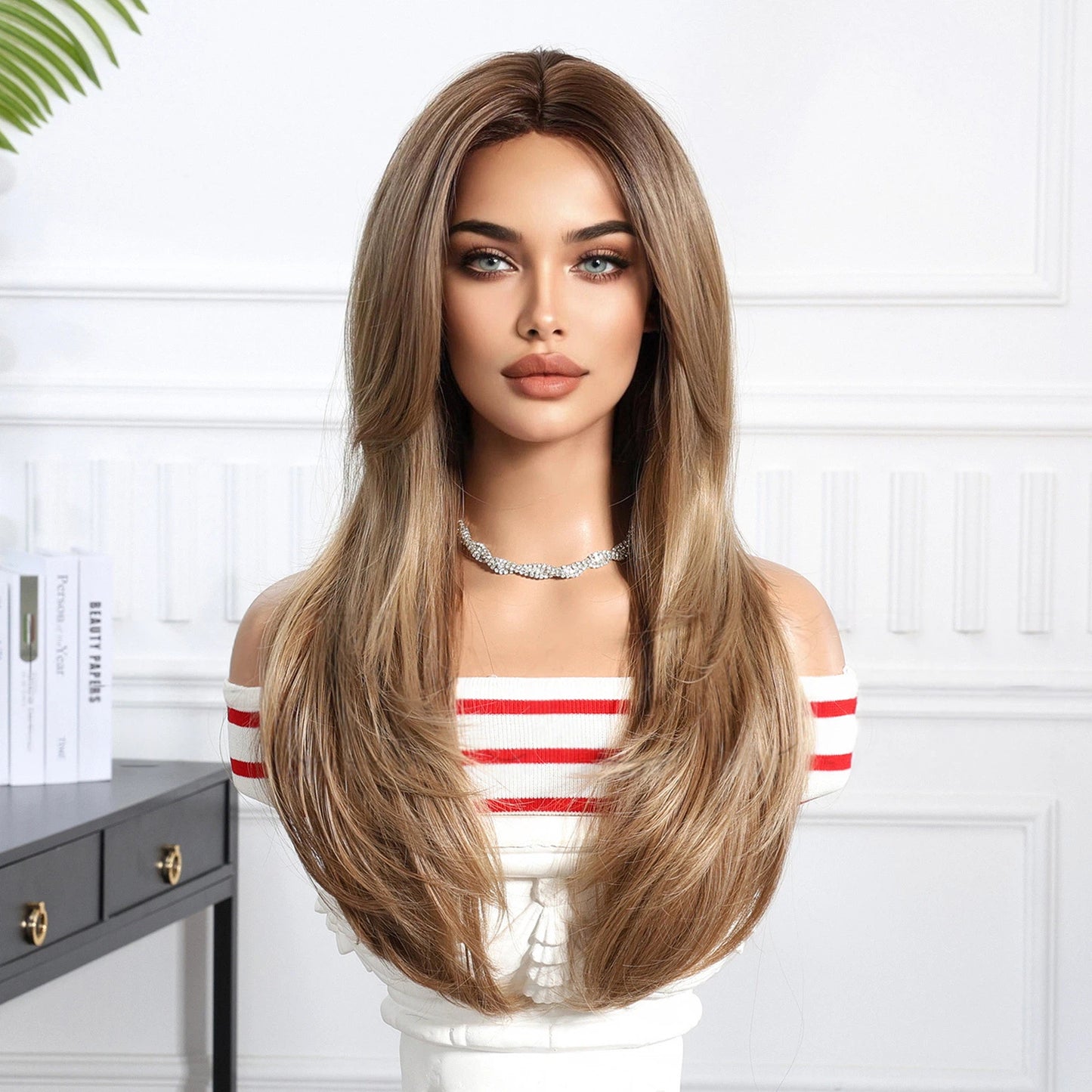 Ash Brown Honey Blonde Balayage Long Straight Wig with Bangs – Caramel Highlighted 26 Inch