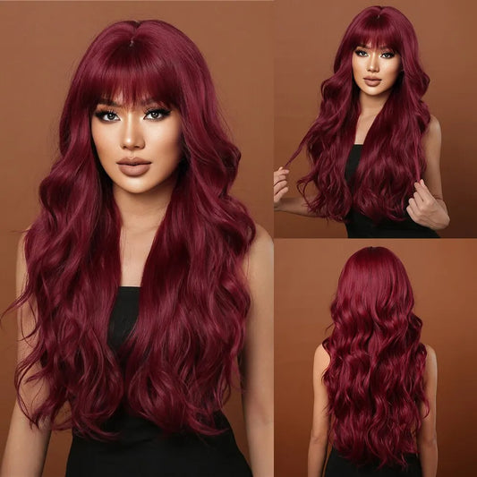 26 inch wine red long wavy wig with bangs - deep burgundy synthetic wig product view 2