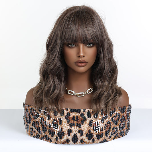 warm chestnut brown balayage 14 inch wavy bob synthetic wig with bangs side view