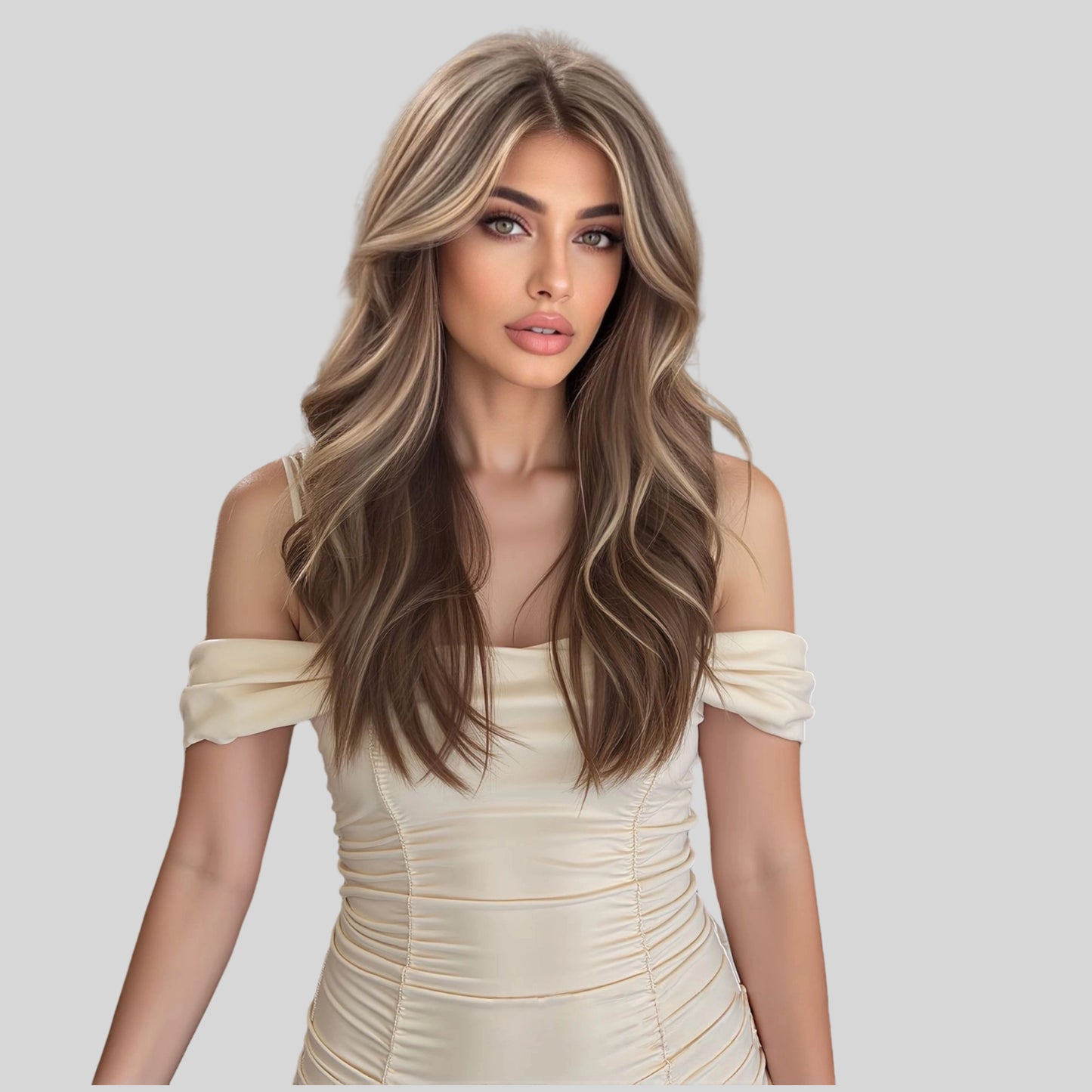 Ash Brown Honey Blonde Balayage Body Wave Wig – Caramel Highlighted Synthetic Hair 20 Inch