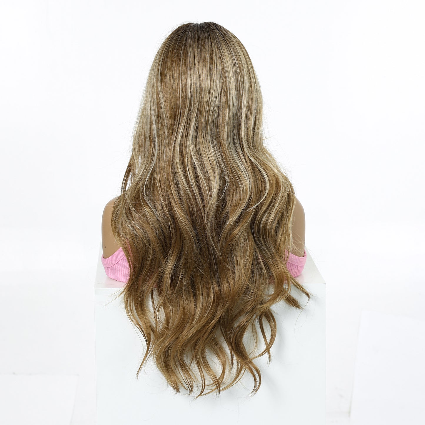 24 Inch Brown Balayage Body Wave Wig with Bangs - Synthetic Hair