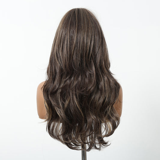 Chestnut Brown Balayage Long Wavy Wig with Bangs - Full Body Wave Synthetic Hair 22 Inch - Synthetic Wig view 2