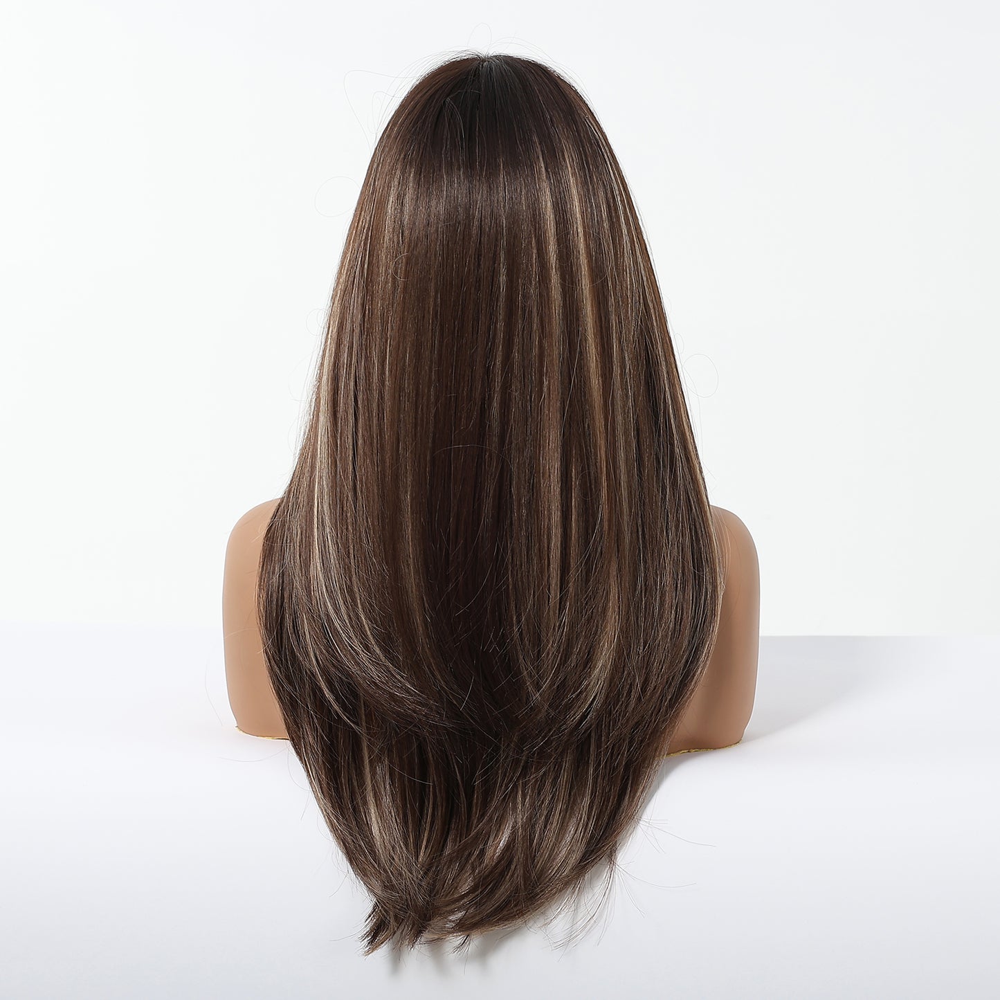Chestnut Brown Balayage Long Wavy Wig with Bangs - Layered Synthetic Hair 22 Inch - Synthetic Wig view 5