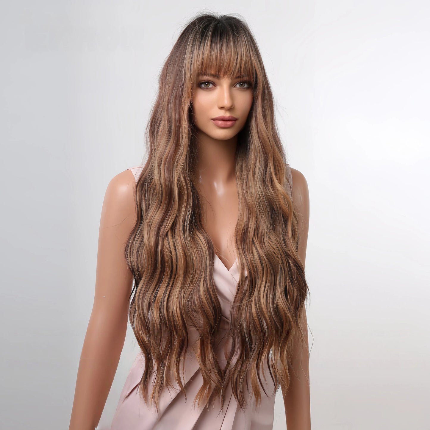 Brown Balayage Long Wavy Wig with Air Bangs - Sun-Kissed Caramel Highlights - Synthetic Wig view 4