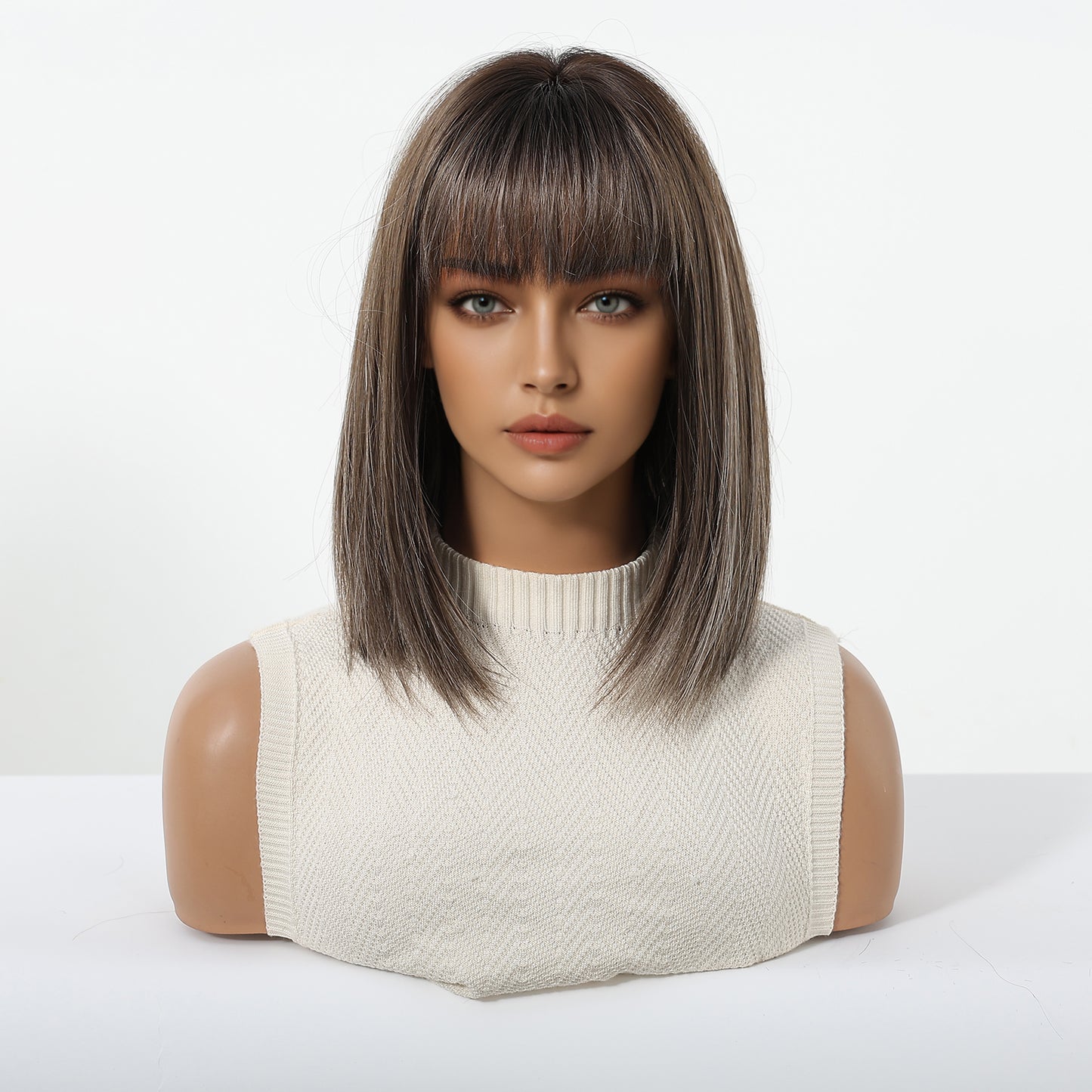 cool ash brown balayage short bob synthetic wig with bangs styling view