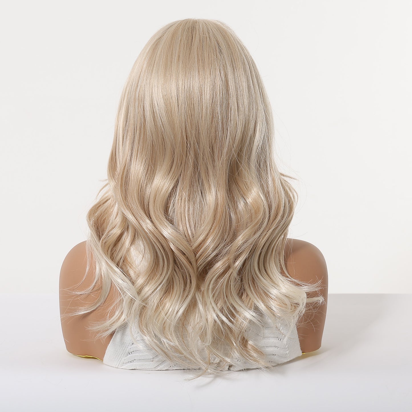 Ash Blonde Mid-Length Straight Wig with Bangs – Layered Synthetic Hair 16 Inch