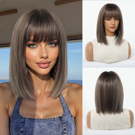 12 inch ash brown balayage short bob wig with bangs - layered synthetic wig product view 2