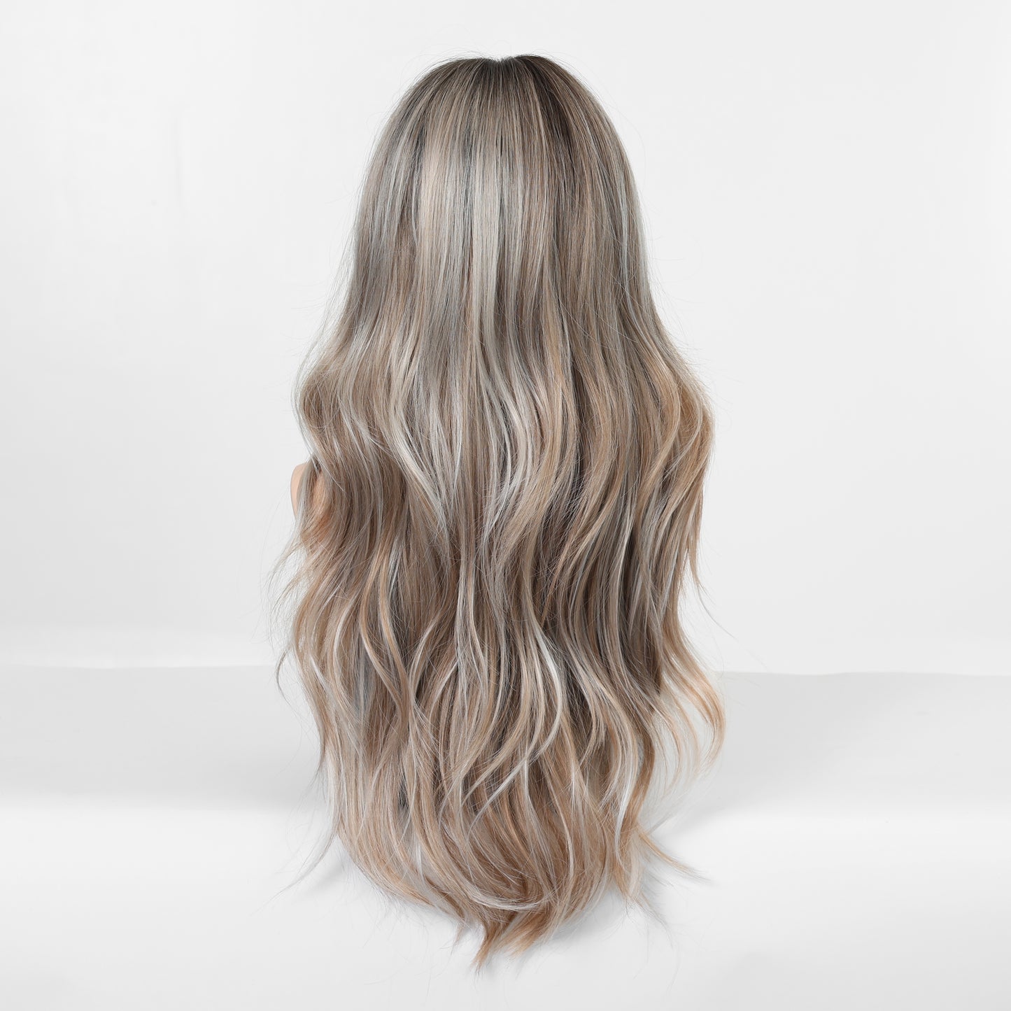 long ash blonde highlighted wavy with bangs synthetic wig color close up