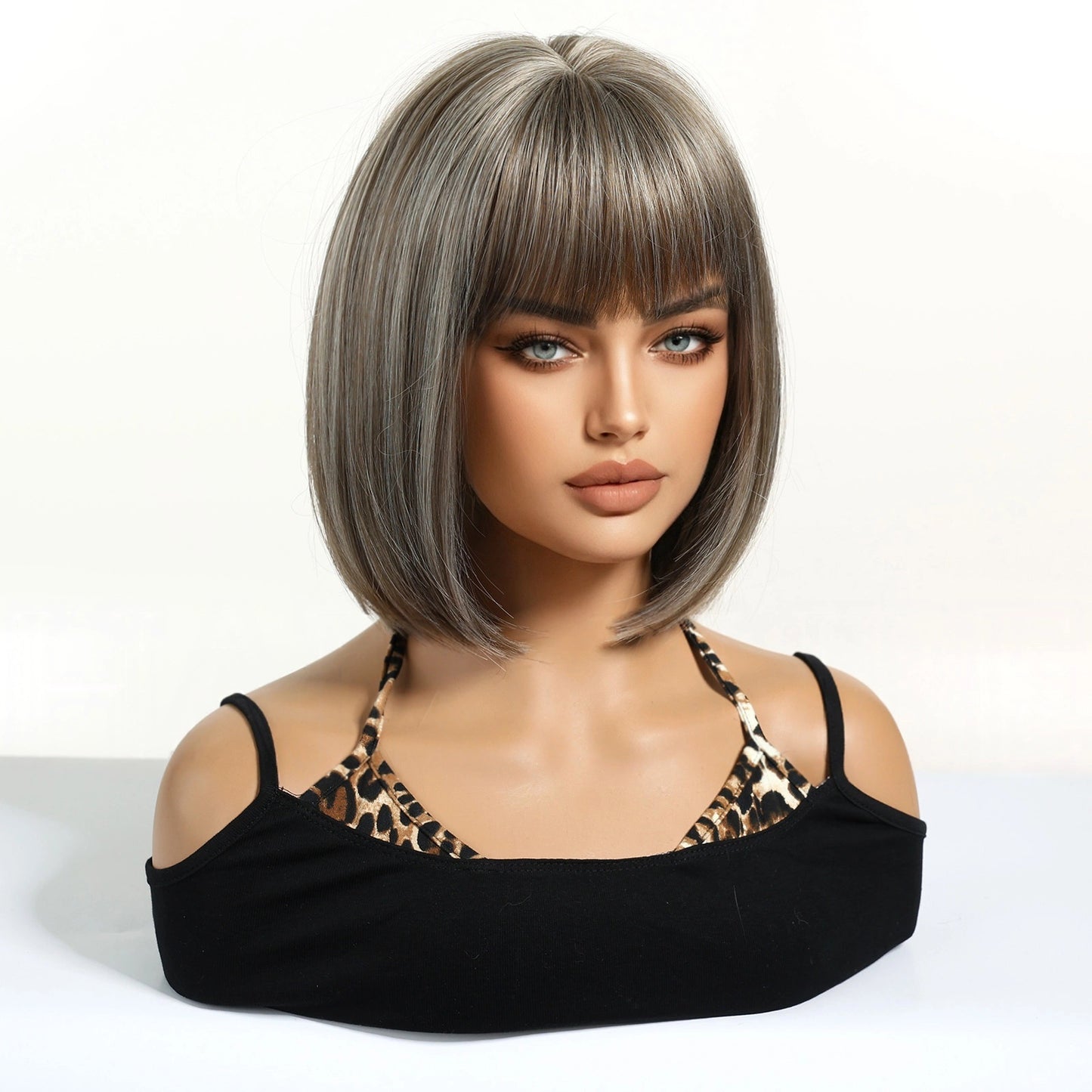 Ash Blonde Short Bob Wig with Bangs - Light Icy Cool-Tone Synthetic Hair 10 Inch - Synthetic Wig view 2