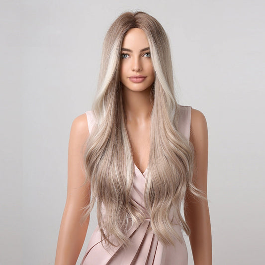 long light ash blonde wavy middle part synthetic wig side view