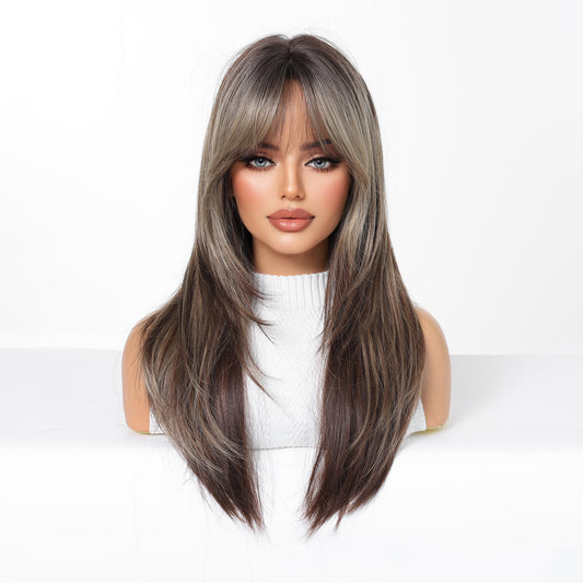 Brown Long Straight Wig with Blonde Highlights & Bangs - Warm Highlighted Synthetic Hair - Synthetic Wig view 2