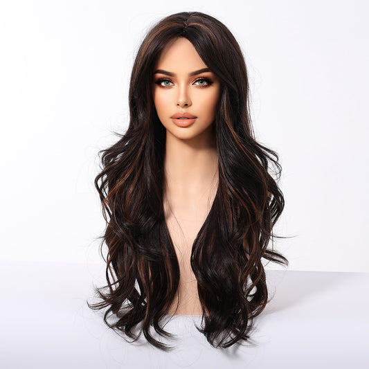 Dark Brown Long Deep Wave Wig with Bangs - Warm Chestnut Highlighted Synthetic Hair 24 Inch - Synthetic Wig view 3