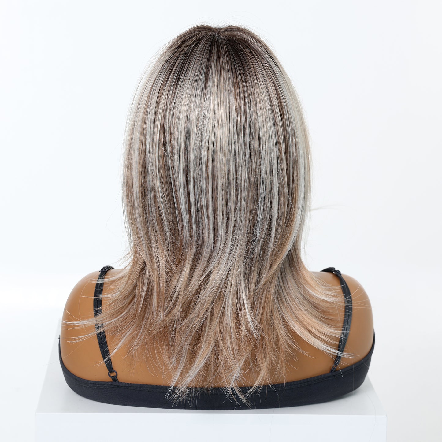 Ash Blonde Silver Rooted Short Bob Wig with Bangs - Cool Icy Synthetic Hair 16 Inch - Synthetic Wig view 5