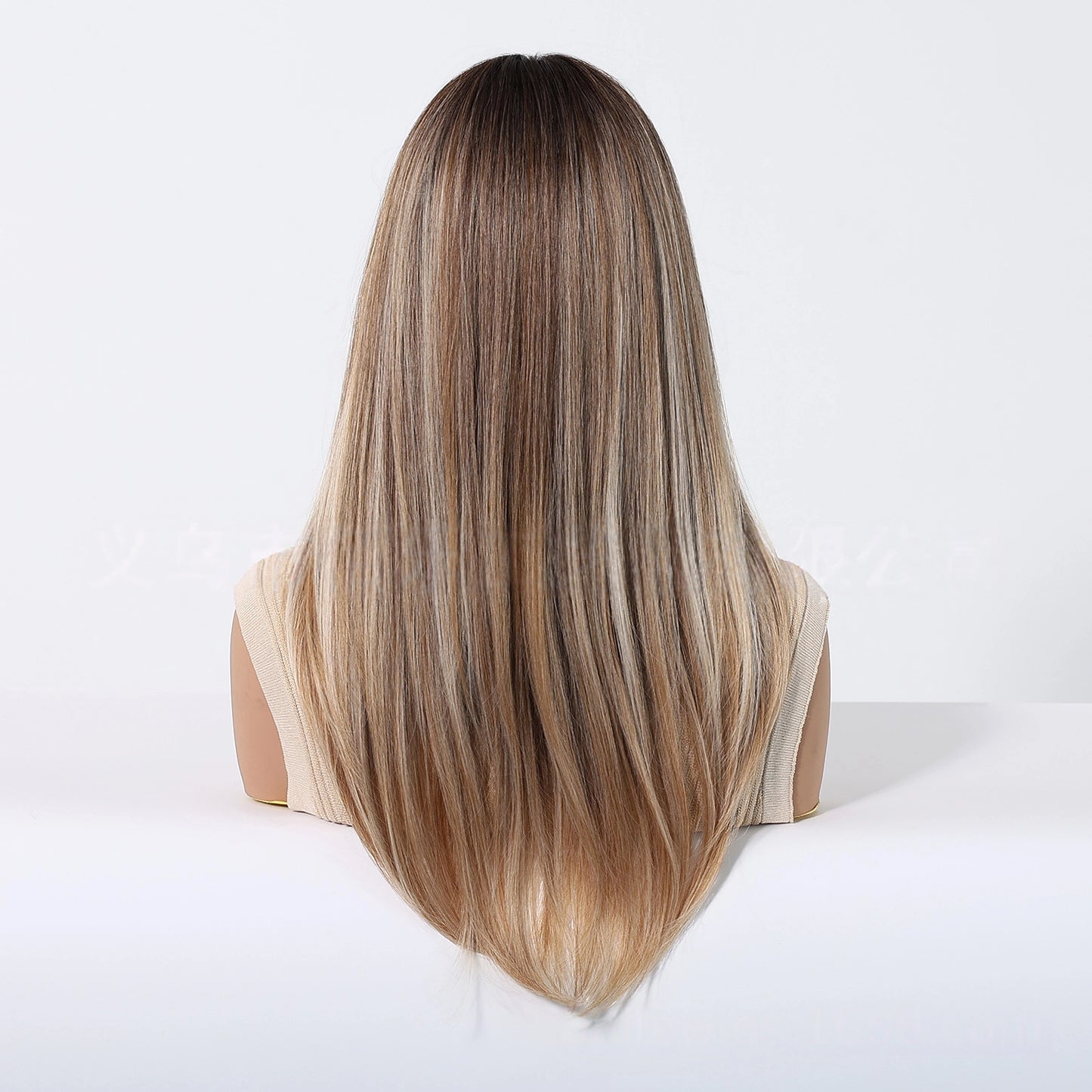 Honey Blonde Balayage Long Straight Wig with Bangs - Warm Brown Rooted Synthetic Hair 22 Inch - Synthetic Wig view 3