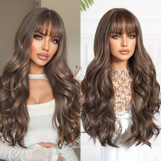 long chestnut brown body wave with bangs synthetic wig side view