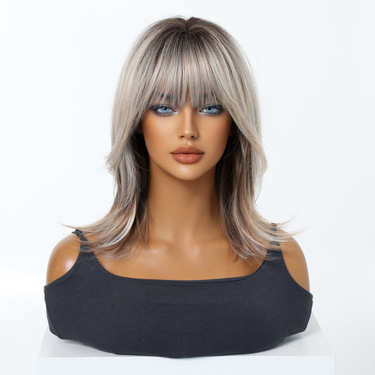Ash Blonde Silver Rooted Short Bob Wig with Bangs - Cool Icy Synthetic Hair 16 Inch - Synthetic Wig view 2