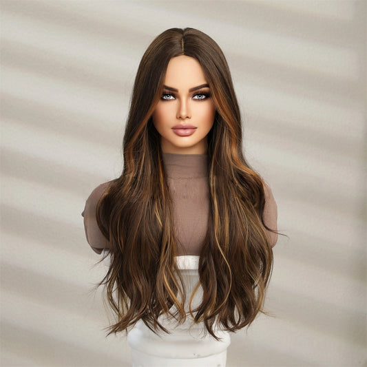 long medium brown wavy synthetic wig side view