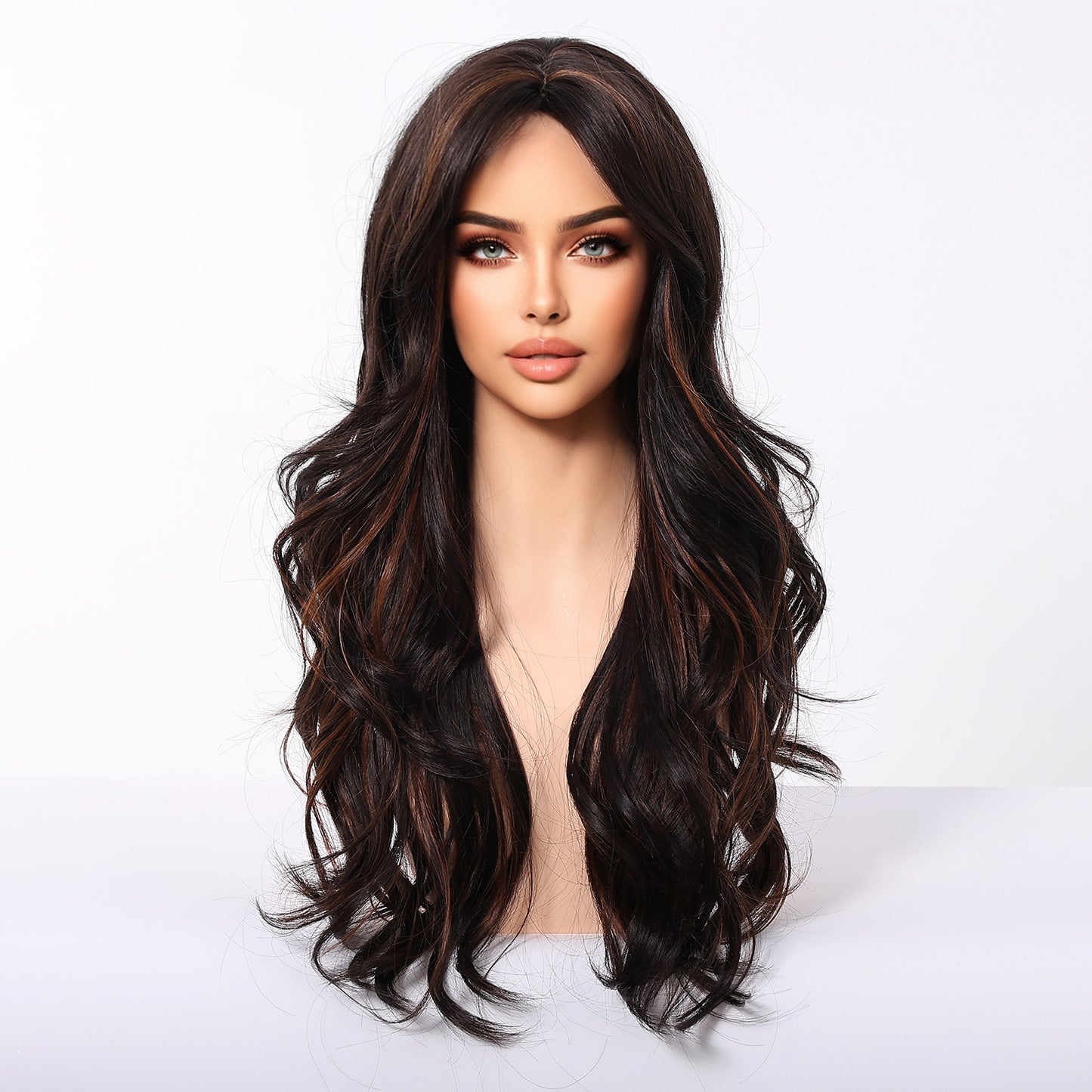 Dark Brown Long Deep Wave Wig with Bangs - Warm Chestnut Highlighted Synthetic Hair 24 Inch - Synthetic Wig view 4