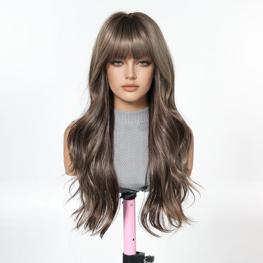 Ash Brown Caramel Body Wave Wig with Bangs - Warm Highlighted Synthetic Hair 24 Inch - Synthetic Wig view 2