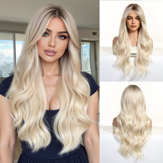 long platinum blonde wavy synthetic wig front view