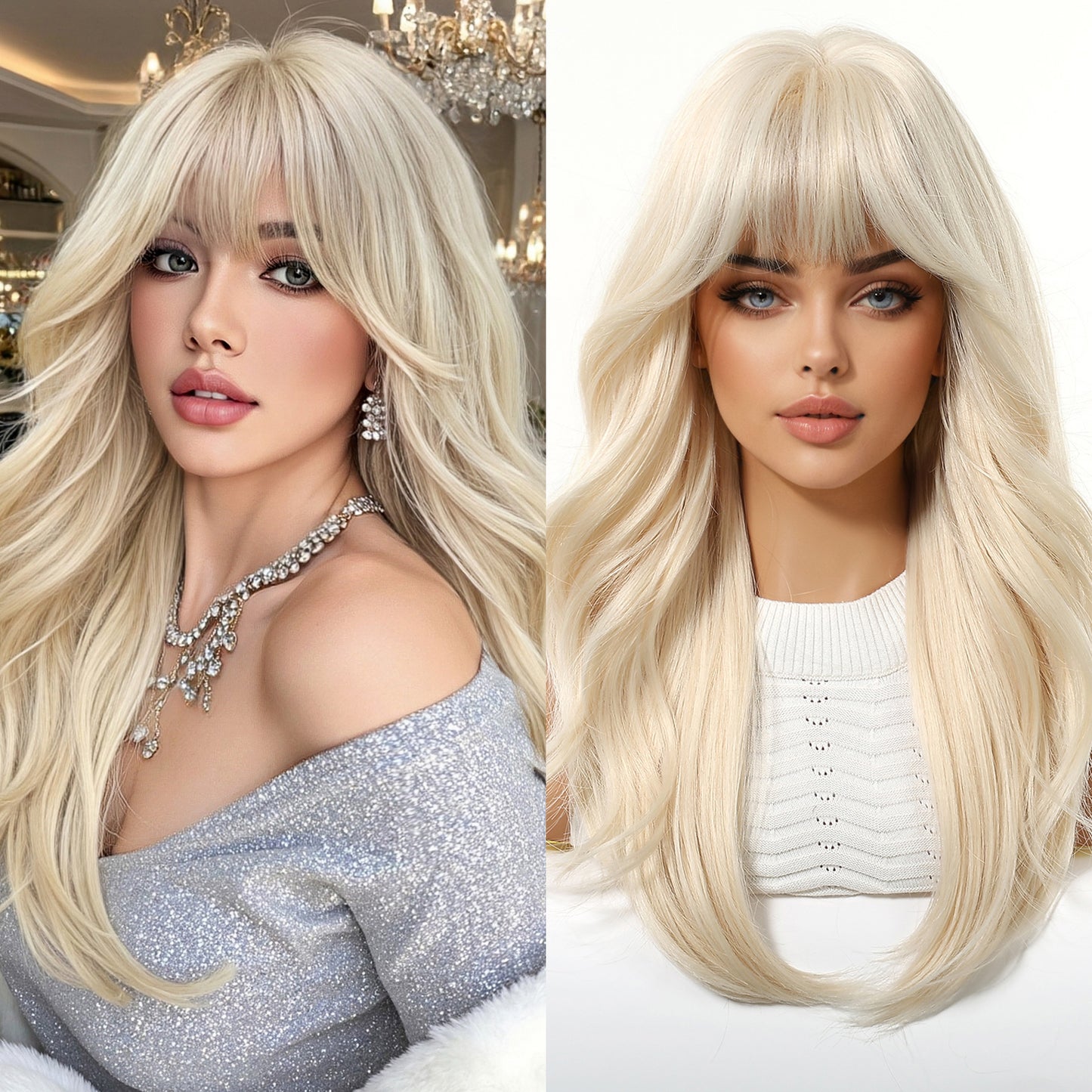 22 Inch Ash Blonde Long Wavy Wig with Bangs - Synthetic Hair