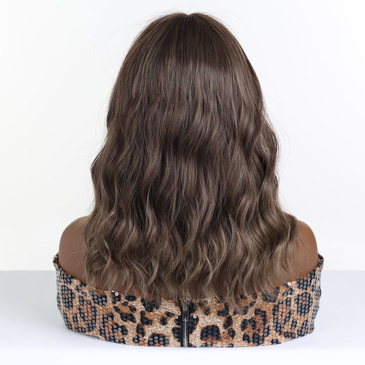 warm chestnut brown balayage wavy bob synthetic wig with bangs