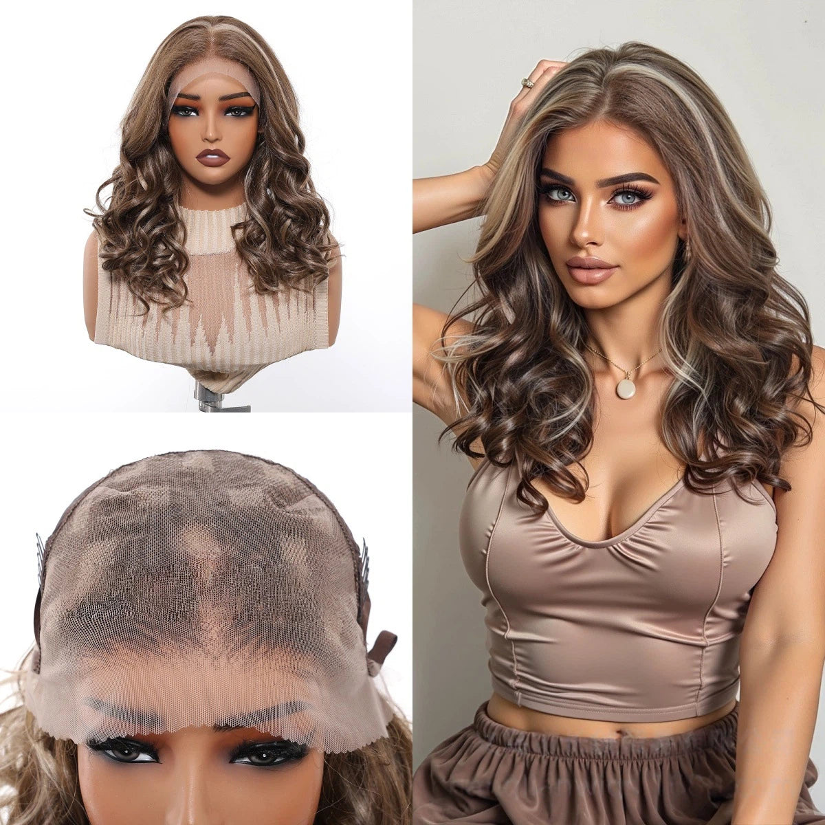 Ash Brown Body Wave Wig – Caramel Honey Blonde Highlights No Bangs Synthetic Hair 14 Inch