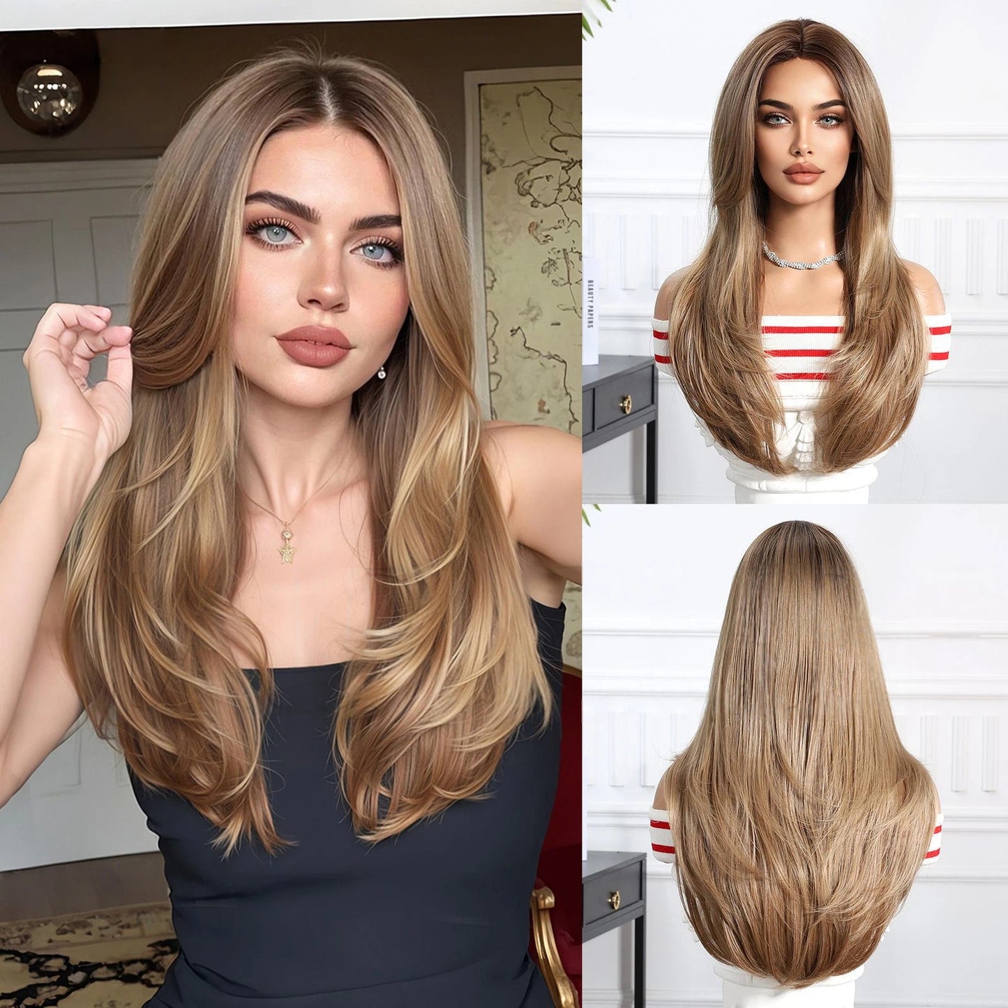Ash Brown Honey Blonde Balayage Long Straight Wig with Bangs – Caramel Highlighted 26 Inch product image