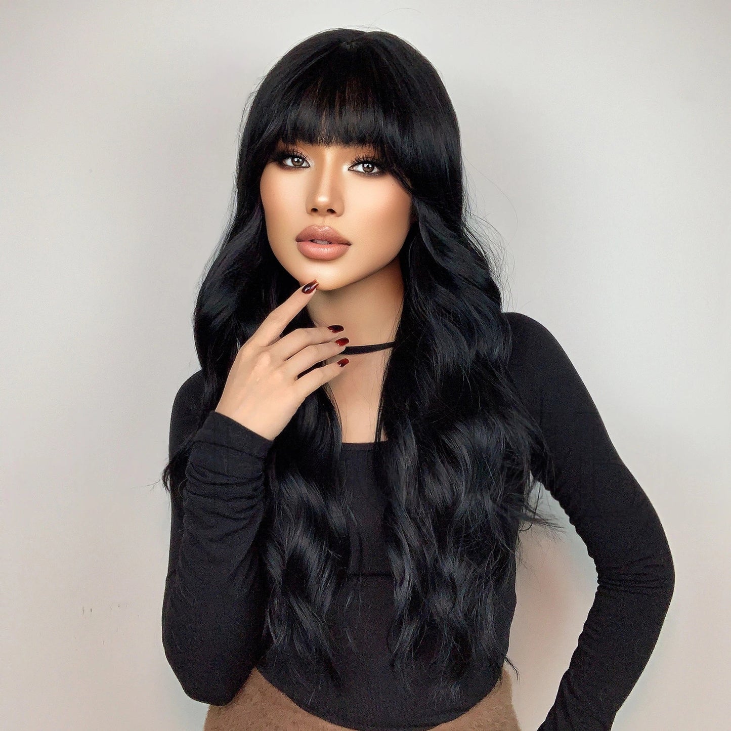 jet black long body wave synthetic wig with bangs view 2