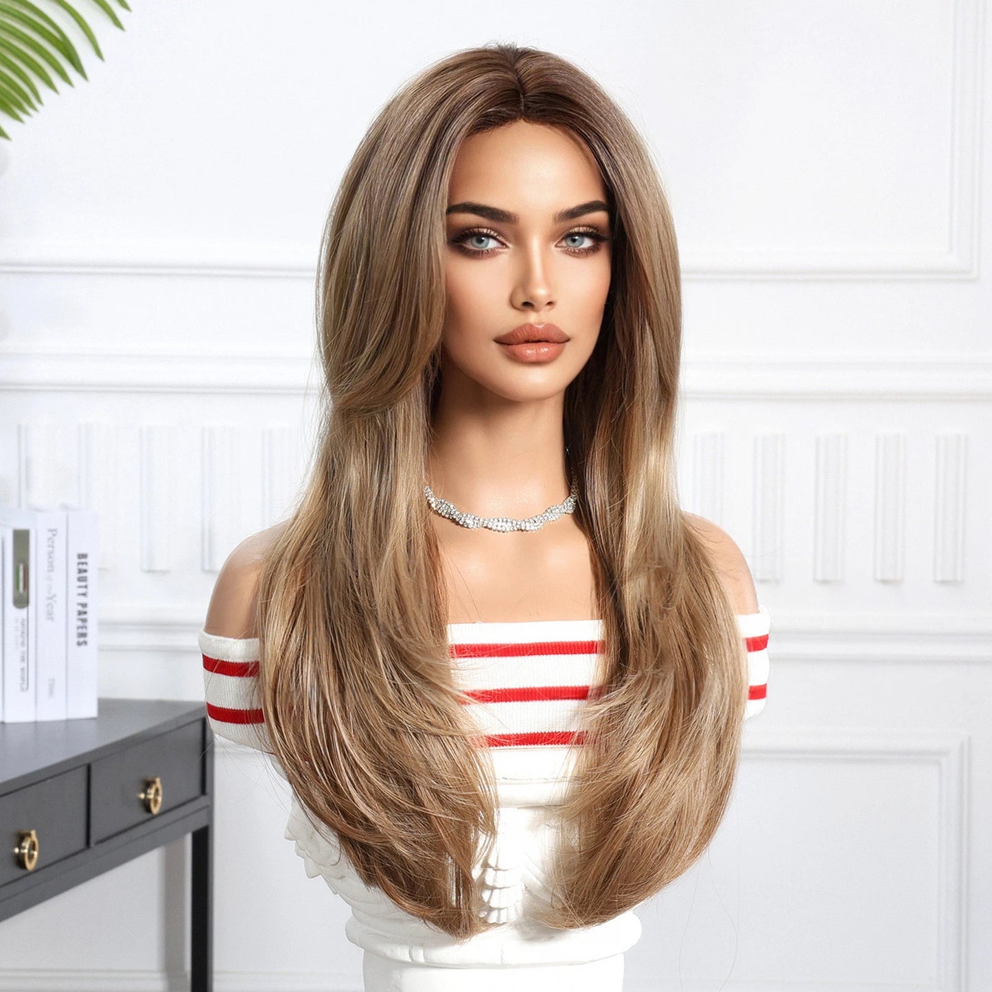Ash Brown Honey Blonde Balayage Long Straight Wig with Bangs – Caramel Highlighted 26 Inch
