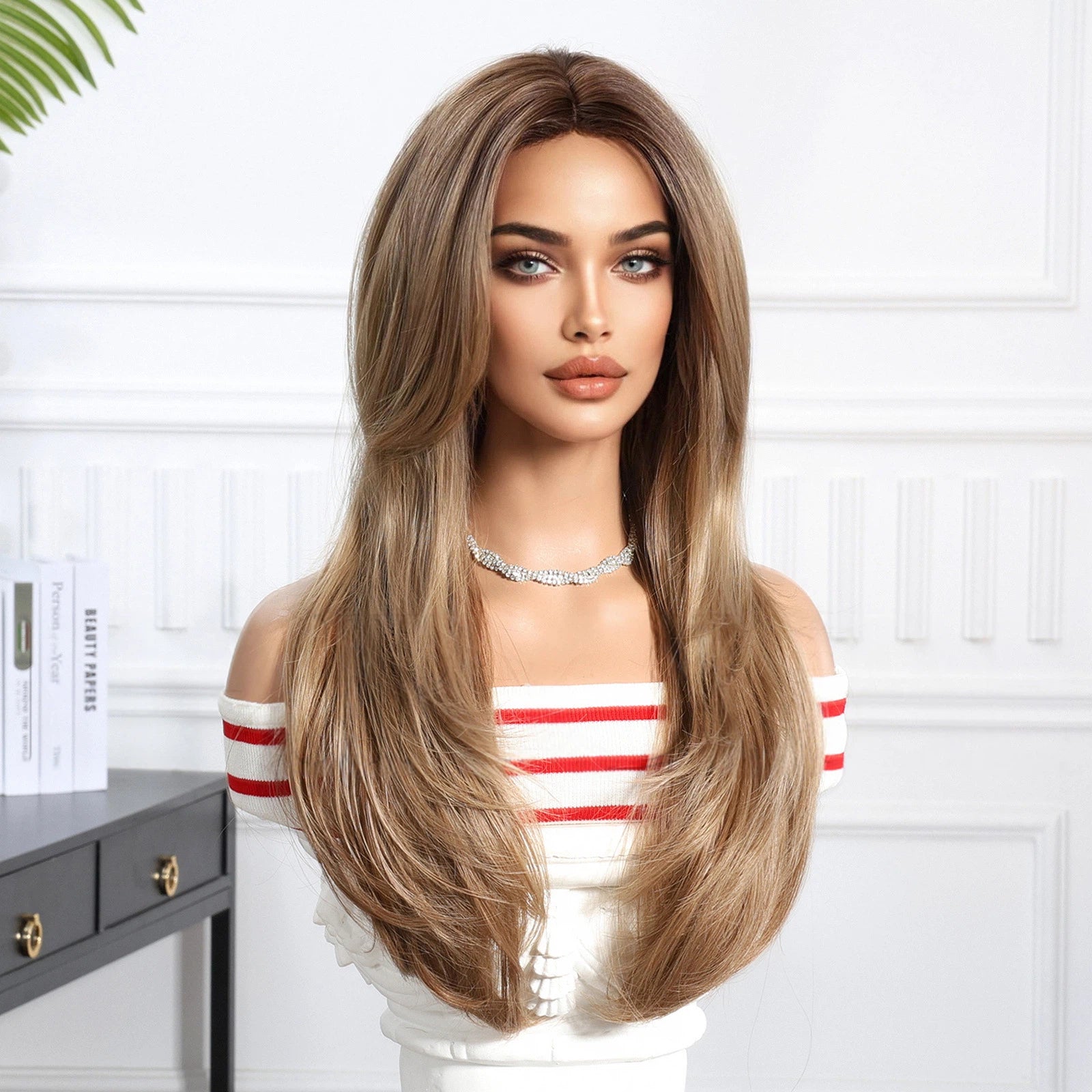 Ash Brown Honey Blonde Balayage Long Straight Wig with Bangs – Caramel Highlighted 26 Inch