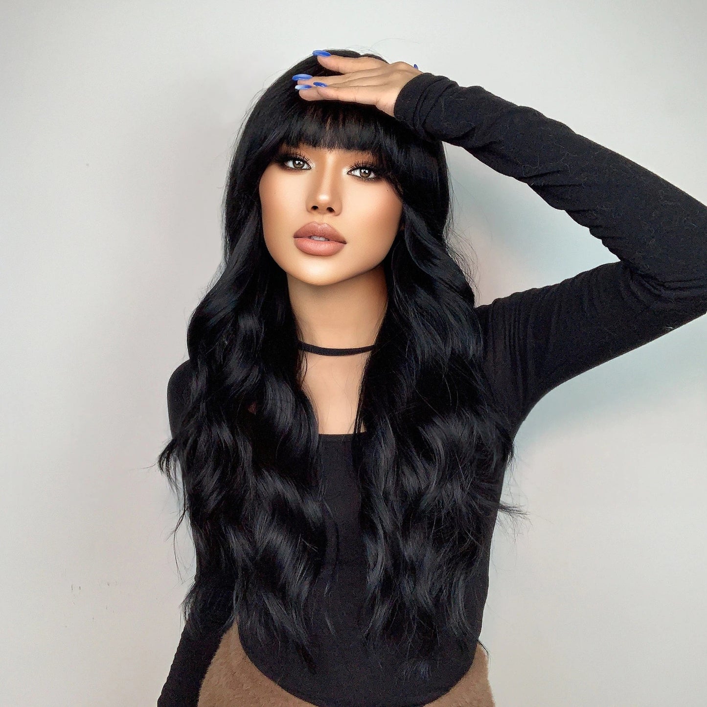 jet black long body wave synthetic wig with bangs view 4