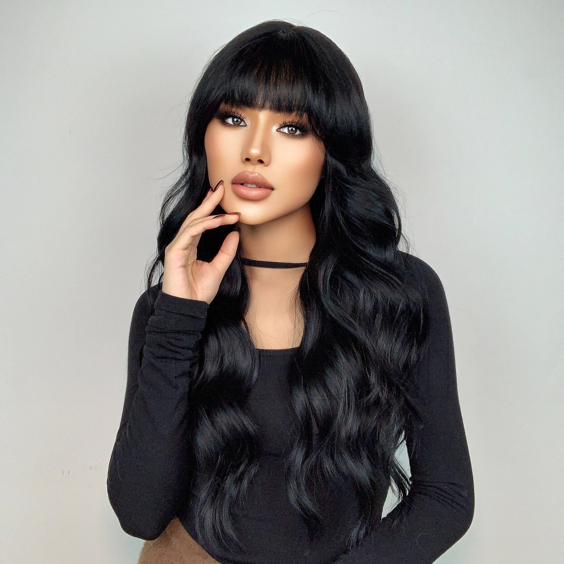 jet black long body wave synthetic wig with bangs view 3