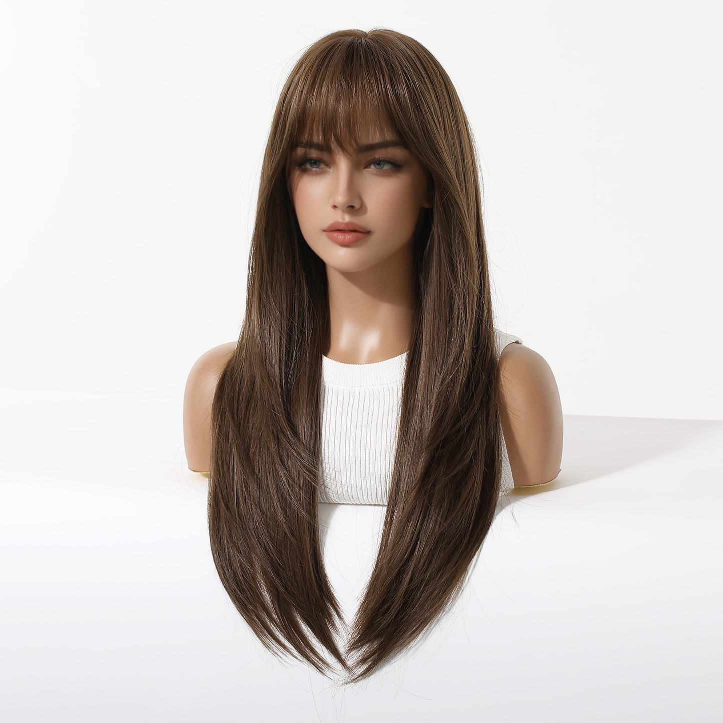 Warm Brown Long Wavy Wig with Bangs – Layered Synthetic Hair 24 Inch
