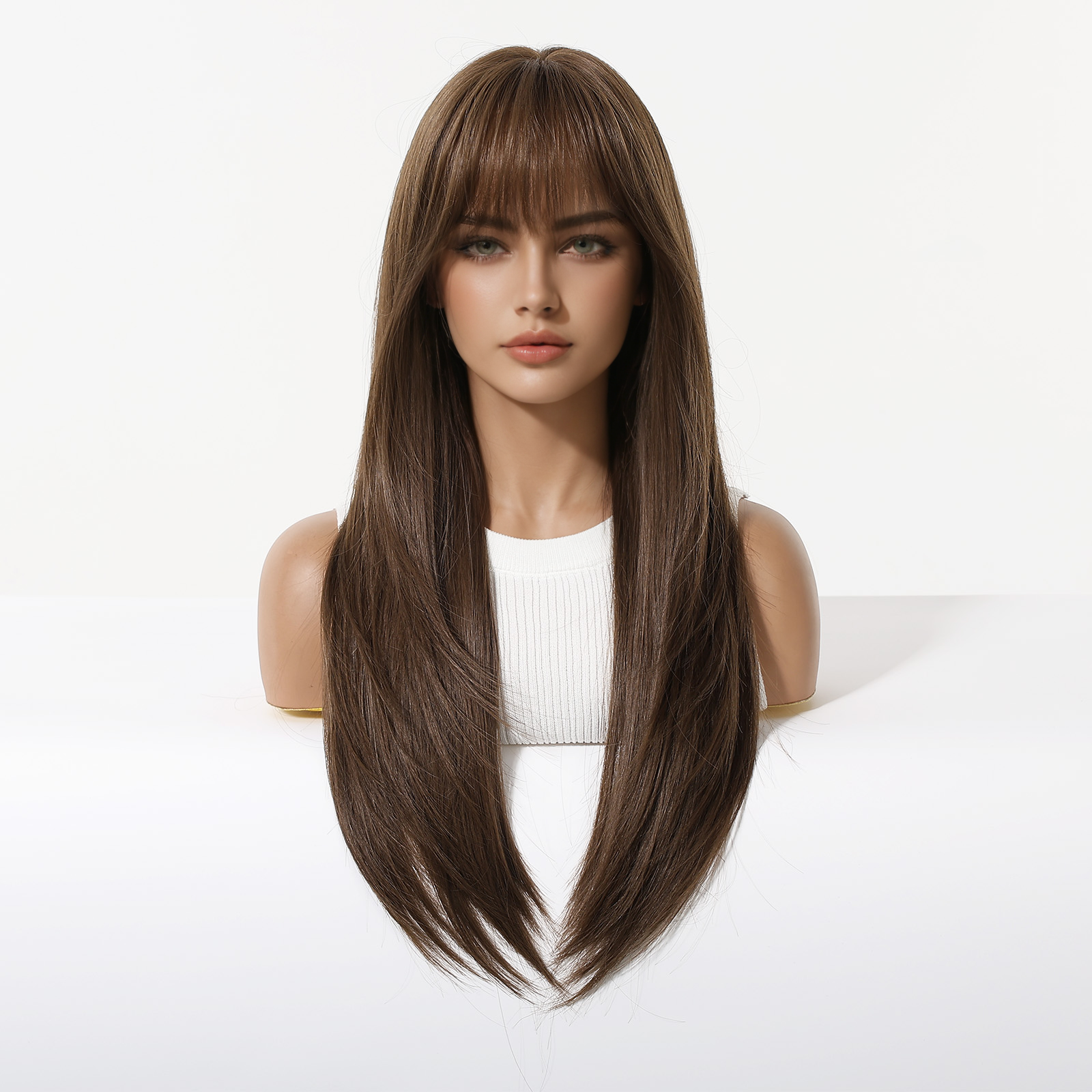 Warm Brown Long Wavy Wig with Bangs – Layered Synthetic Hair 24 Inch