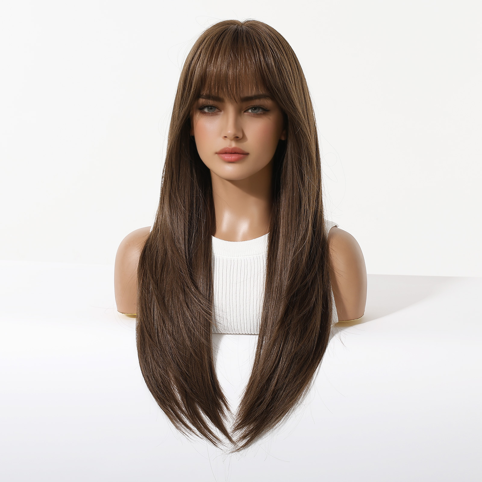Warm Brown Long Wavy Wig with Bangs – Layered Synthetic Hair 24 Inch