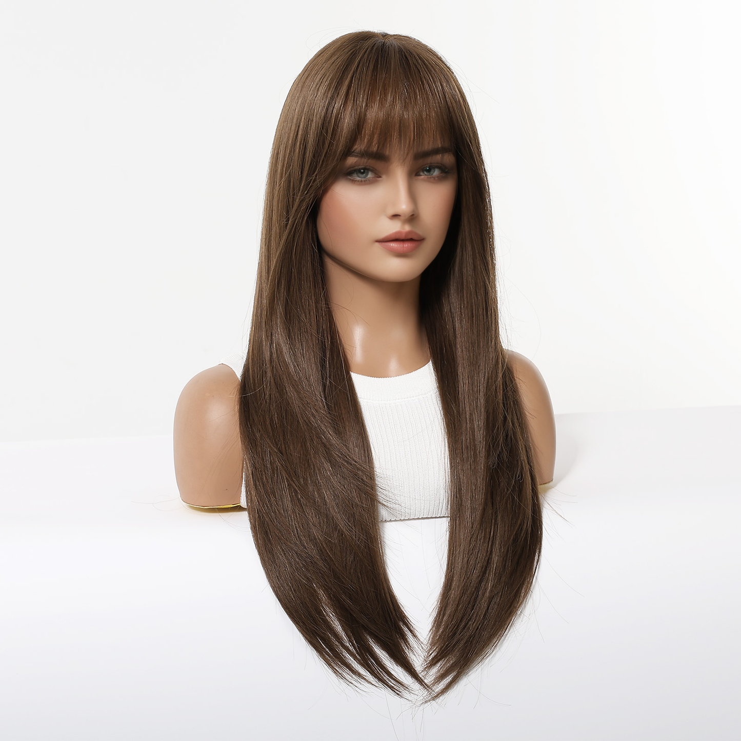 Warm Brown Long Wavy Wig with Bangs – Layered Synthetic Hair 24 Inch