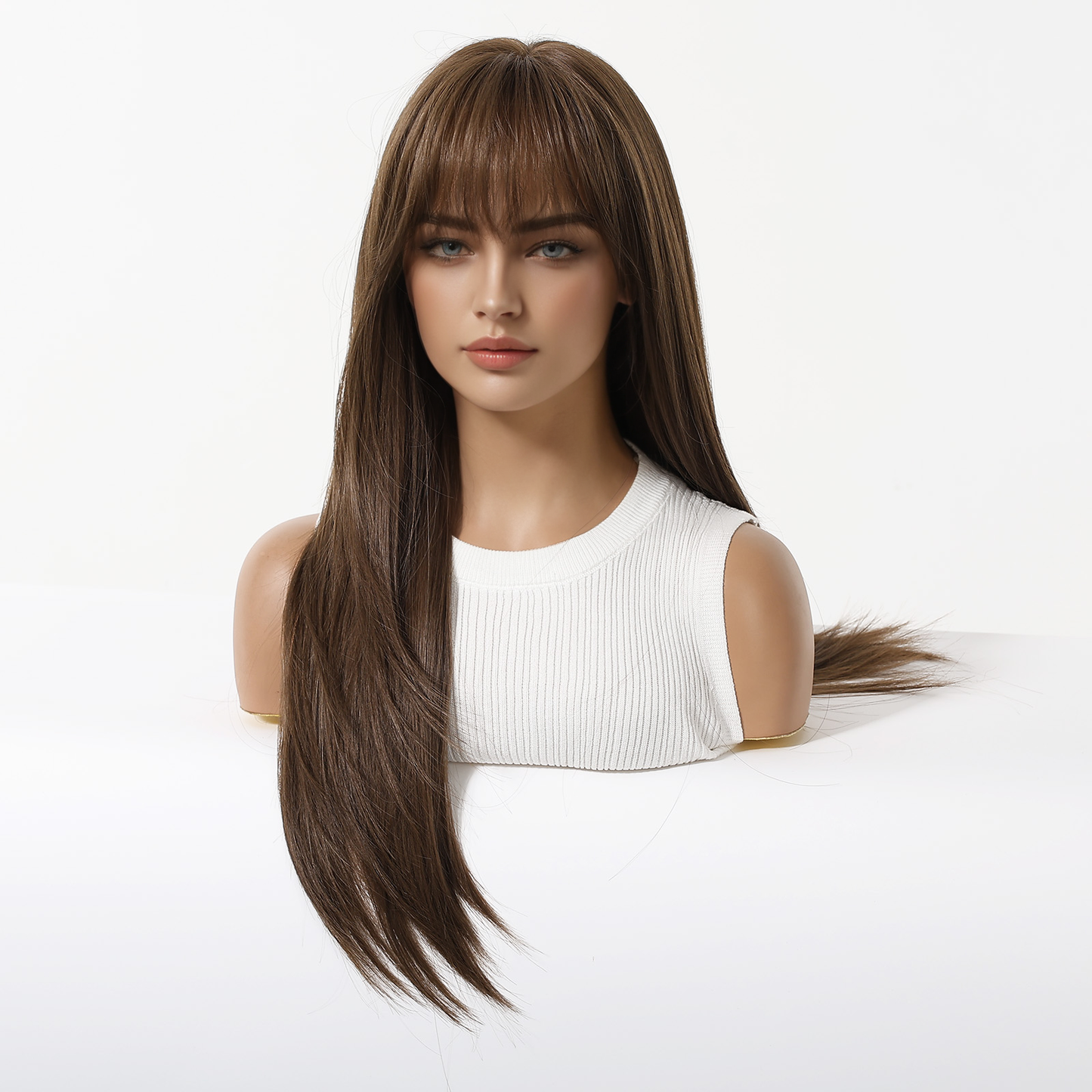 Warm Brown Long Wavy Wig with Bangs – Layered Synthetic Hair 24 Inch
