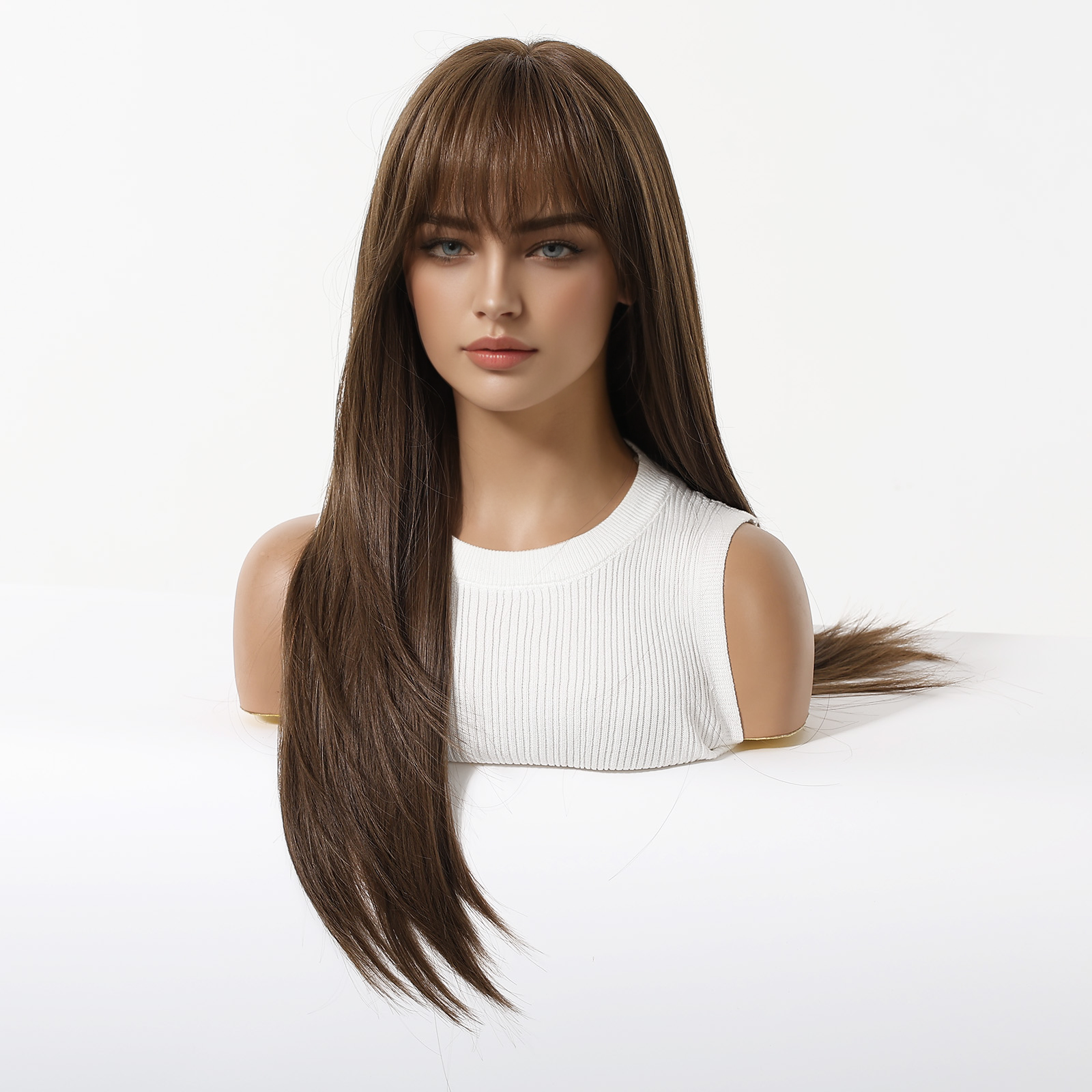 Warm Brown Long Wavy Wig with Bangs – Layered Synthetic Hair 24 Inch