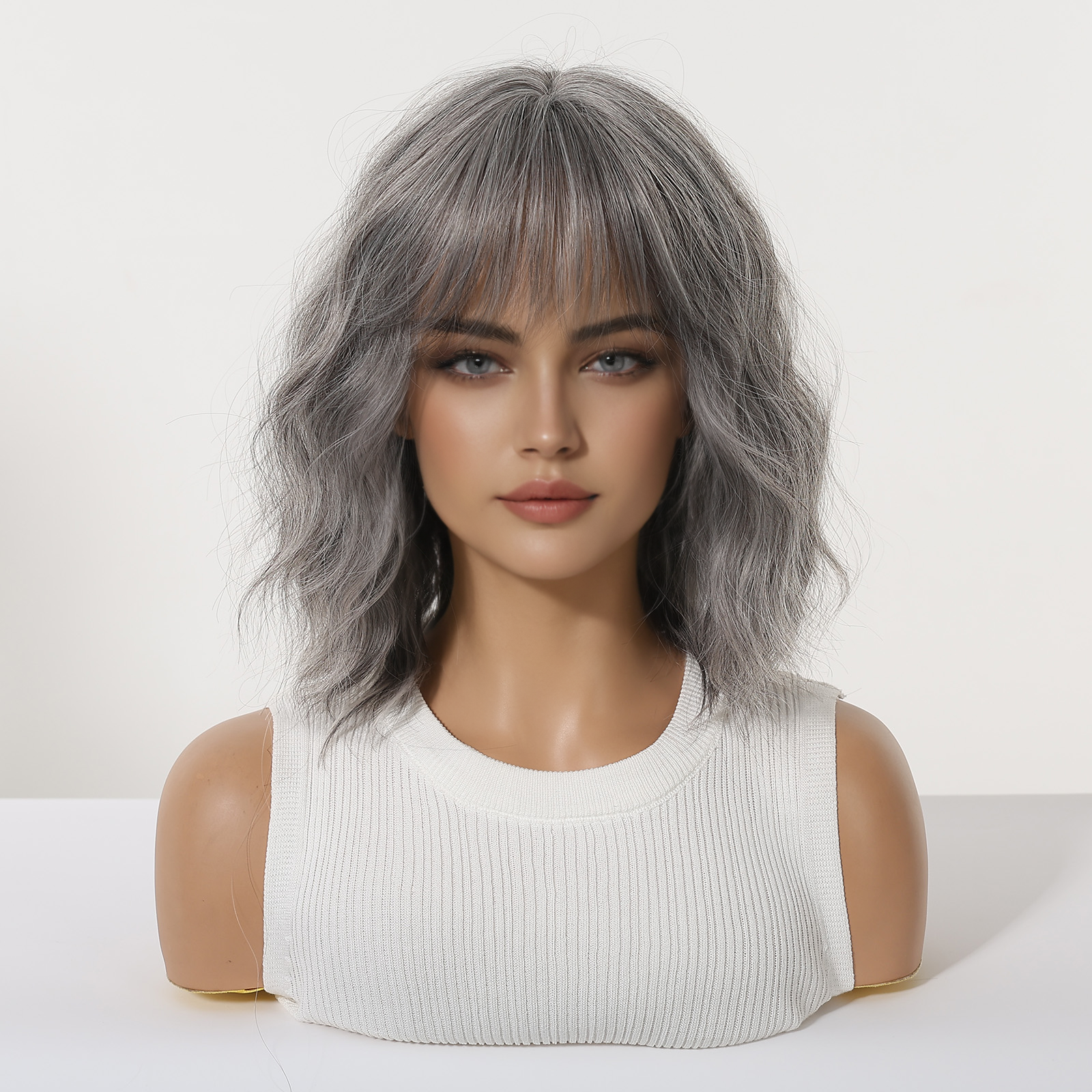 Silver Grey Shoulder-Length Bob Wig - Layered Synthetic Hair 14 Inch - Synthetic Wig view 1