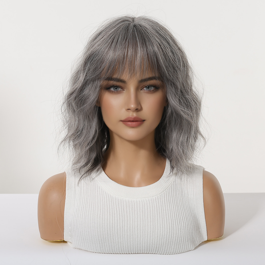 Silver Grey Shoulder-Length Bob Wig - Layered Synthetic Hair 14 Inch - Synthetic Wig view 1