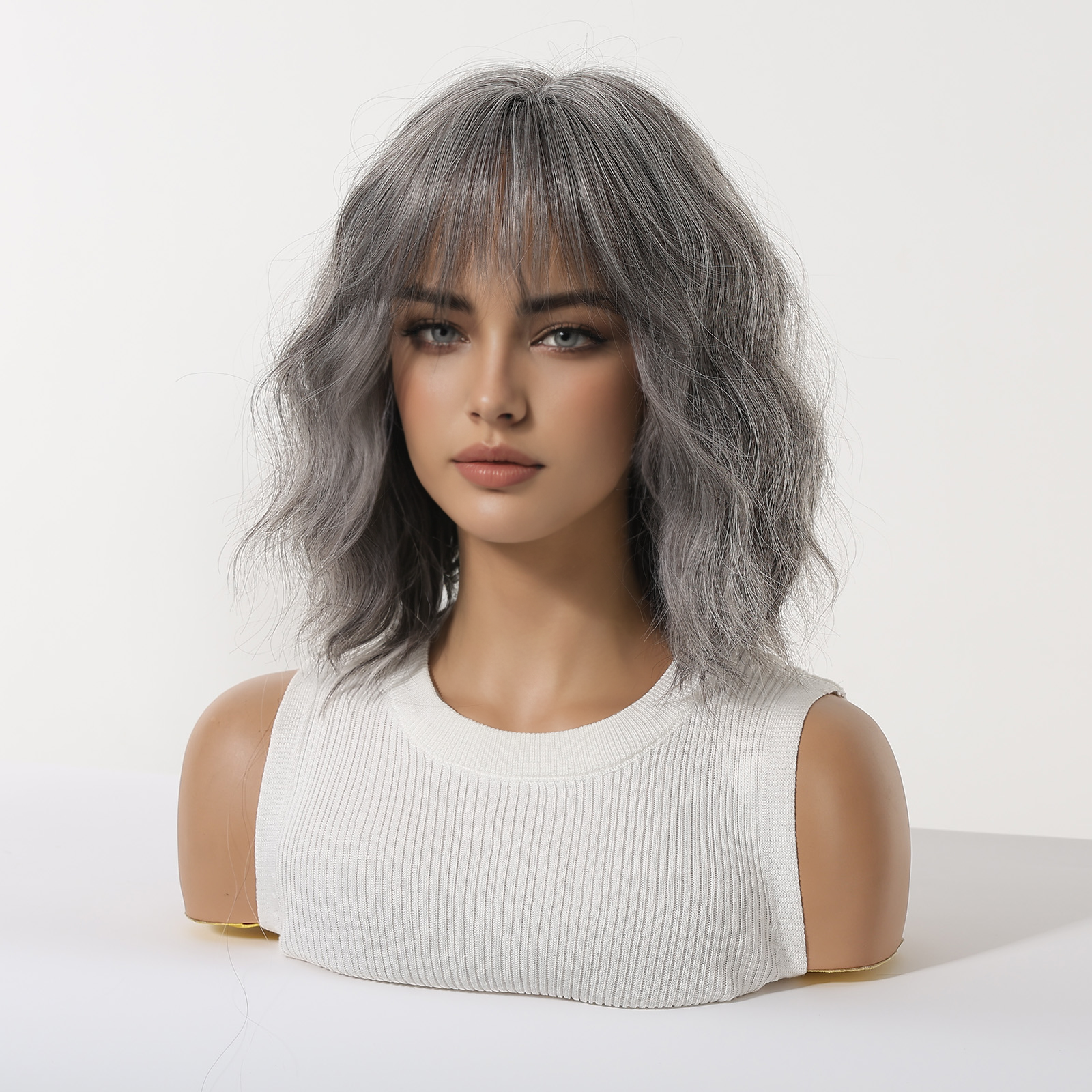 Silver Grey Shoulder-Length Bob Wig - Layered Synthetic Hair 14 Inch - Synthetic Wig view 2