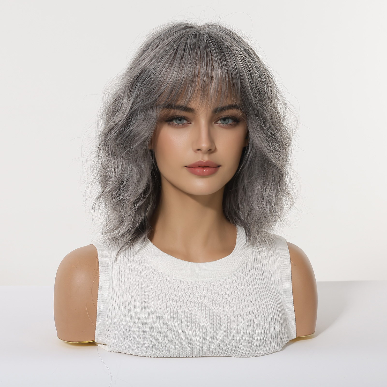 Silver Grey Shoulder-Length Bob Wig - Layered Synthetic Hair 14 Inch - Synthetic Wig view 4