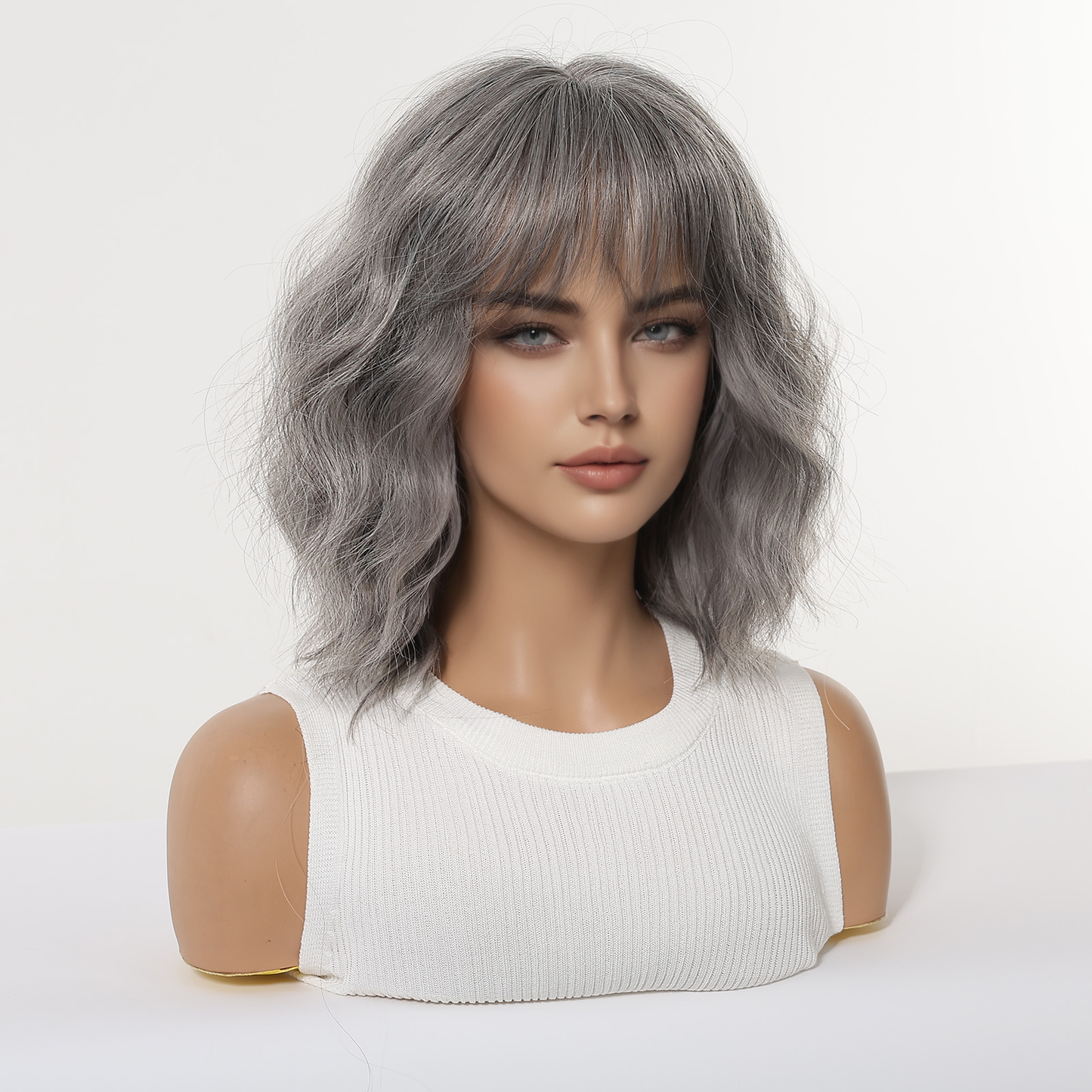 Silver Grey Shoulder-Length Bob Wig - Layered Synthetic Hair 14 Inch - Synthetic Wig view 3