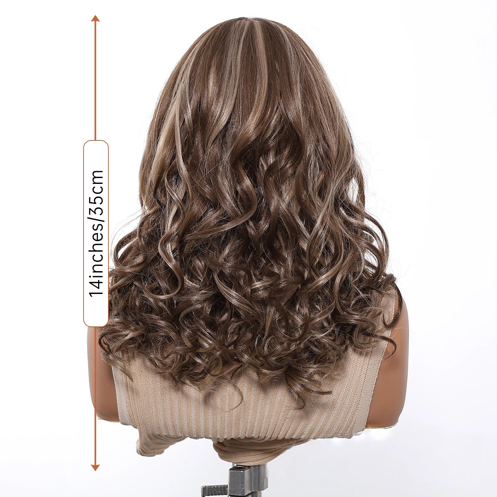 Ash Brown Body Wave Wig – Caramel Honey Blonde Highlights No Bangs Synthetic Hair 14 Inch