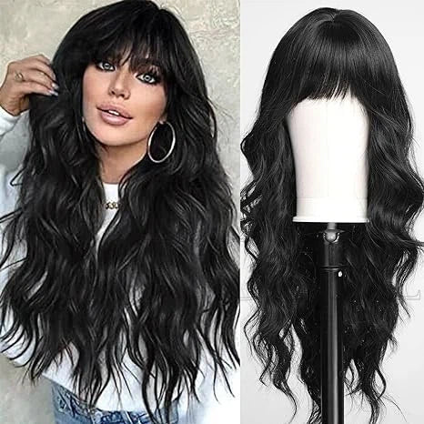 jet black long body wave synthetic wig with bangs view 7