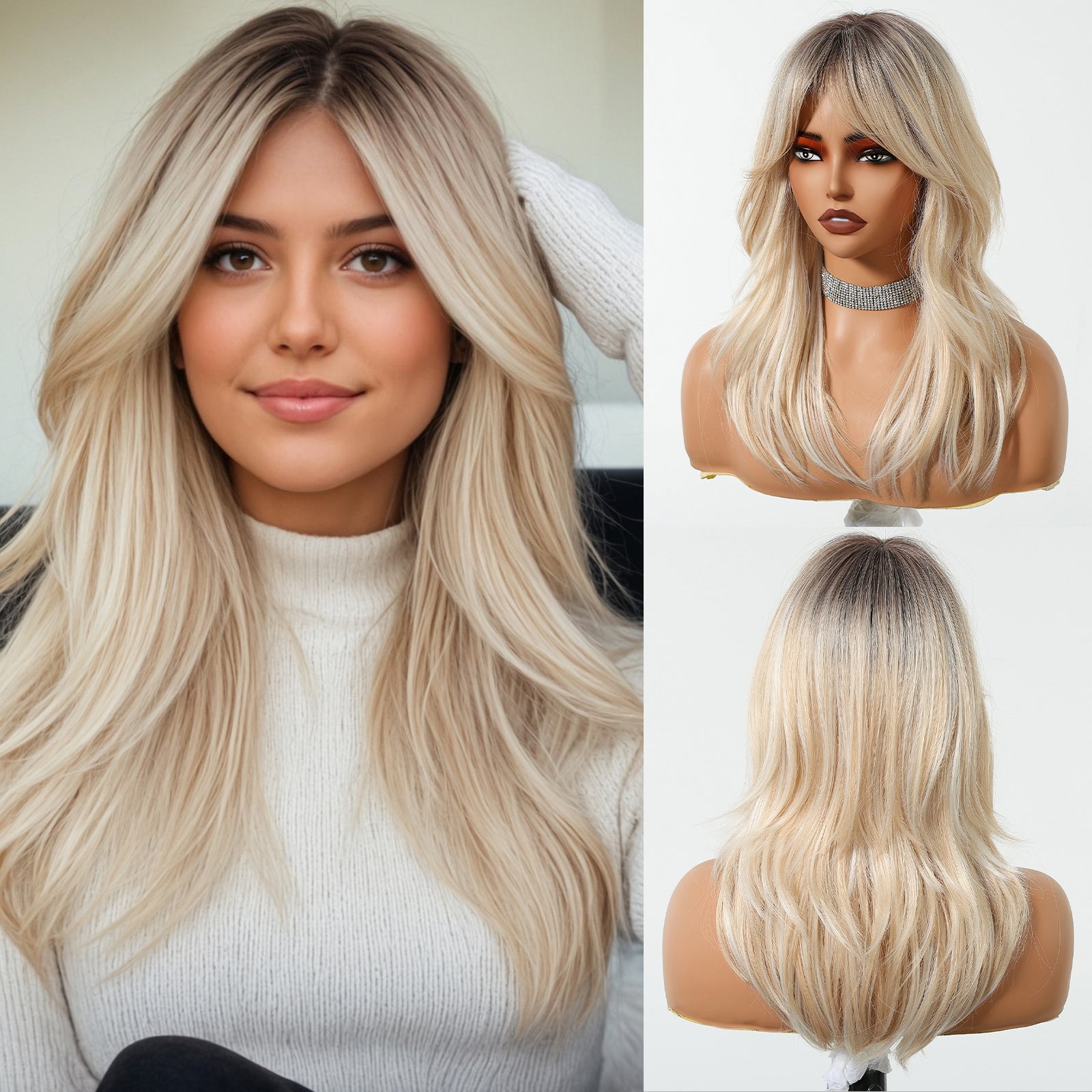 Ash Blonde Long Wavy Wig with Bangs – Cool Multi-Tonal Layered Synthetic Hair product image