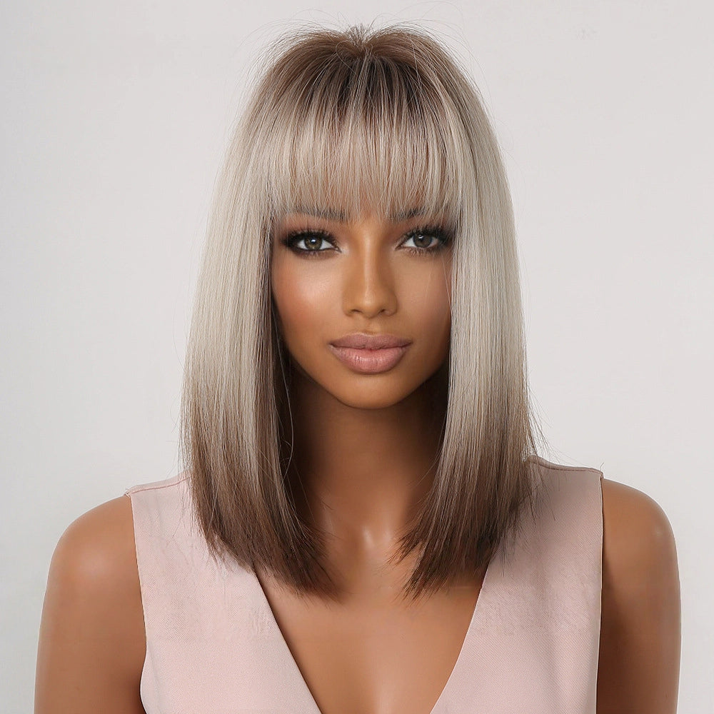 Ash Blonde Rooted Short Bob Wig – Dark Root Silver Tip Synthetic Hair