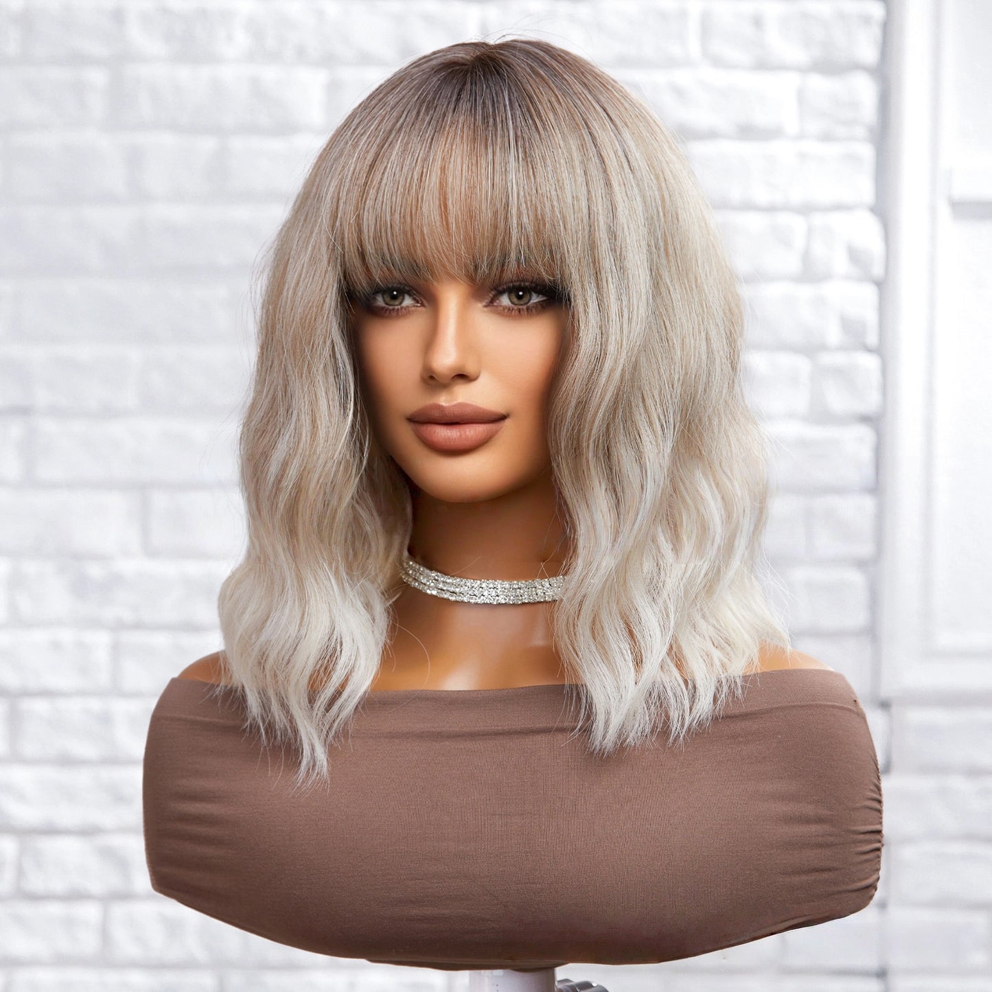 Ash Blonde Rooted Body Wave Wig with Bangs – Dark Root Platinum Tips Synthetic Hair