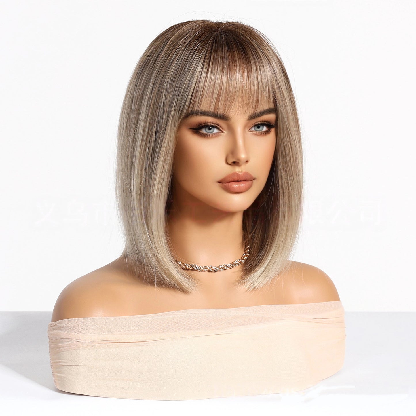 Ash Blonde Short Bob Wig with Bangs – Rooted Dark Tips Straight Synthetic Hair 14 Inch